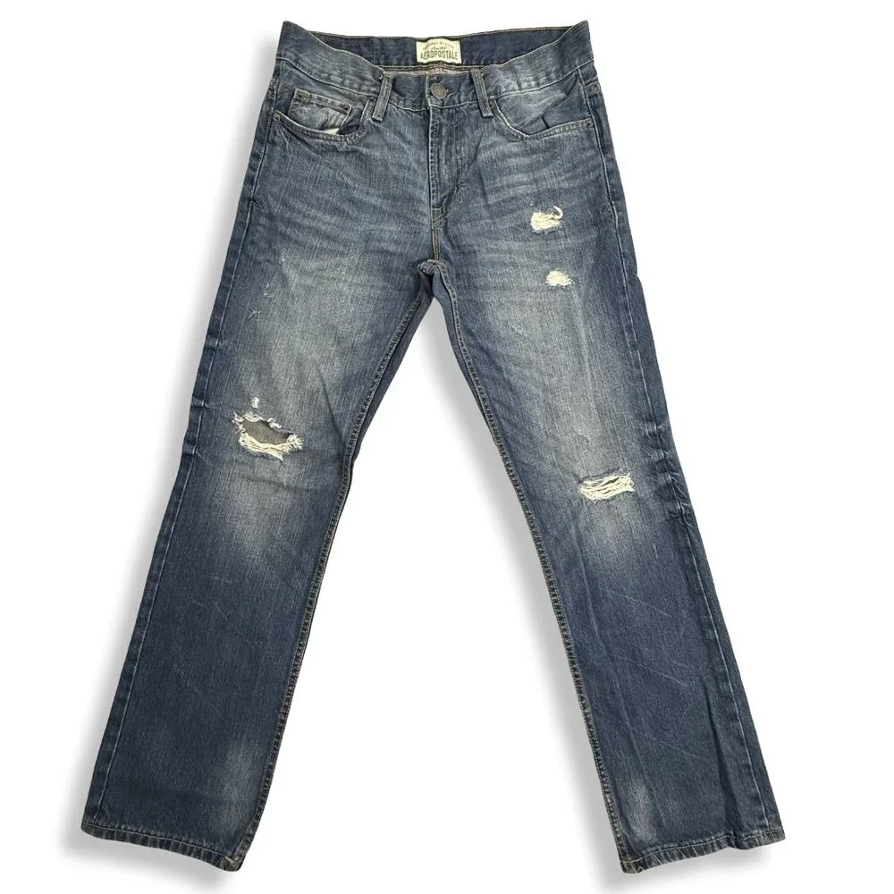 Aeropostale Essex Straight Leg Jeans Mens 30 Blue Distressed Ripped Grunge Denim